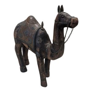 Antique Middle Eastern Persian Hand Carved Wood W Brass & Copper Inlays Camel